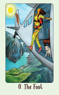 Jasper tarot the fool a woman in a yellow jacket is standing on a plane