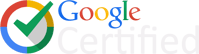 a google certified logo in red, yellow, blue and green color with a big circle and a check mark on it.