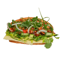a chicken sandwich with korean bbq sauce, cheese, lettuce, spring onions and herbs