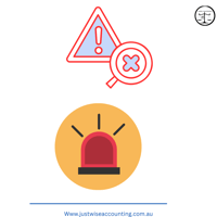 Warning sign with exclamation mark and magnifying glass, red siren light on yellow circle.