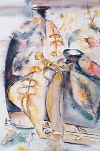 Peinture aquarelle 2 vases et un chat jouant de la trompette