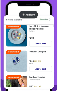 Mobile app screenshot showcasing Gleeinglue’s bestselling polymer clay products on Swiggy Minis