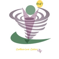 illustration spirale sur surf avec formes géométriques pour bonhomme dans la spire, ecriture ouf, signature Catherine Coker
