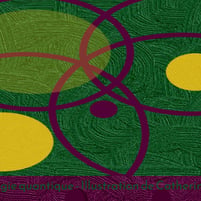 illustration avec géométrie, poisson violet, ronds jaunes et verts, fond vert comme un champs, illustration chamanique