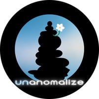 unanomalize logo for merch, black circle, with logo inside & includes pod name, representing extraordinary experience