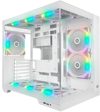 a white computer case with a rainbow colored lights