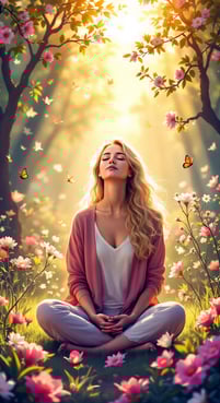 a woman sitting in a field with flowers and butterflies and praying