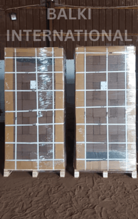 Palletized cocopeat blocks stacked and ready for export from India