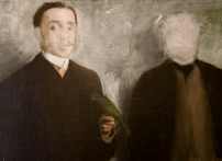a painting of two men in suits and ties, one man's face is blurred