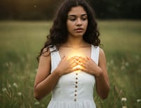 Woman with hands over heart, reflecting inner wisdom and healing potential