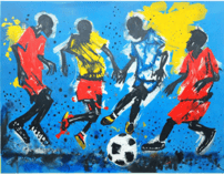 a painting of a soccer player kicking a soccer ball