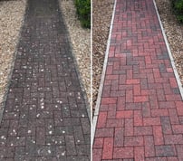 Cleaned block paved path in Lincoln. After pressure washing, weed & moss removal, finally treated