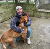 a man is holding a dog and a dog