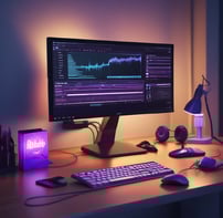 A computer monitor displays video editing software with a video track on the timeline. The screen shows various editing tools and a preview of a video featuring a person with red lighting.