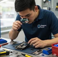 um homem de camisa azul está olhando através de uma lupa