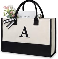 TOPDesign Personalized Initial Canvas Beach Bag, Monogrammed Gift Tote Bag for Women