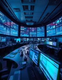 cameră plină cu monitoare futuristice cu grafice despre marketingul afacerii