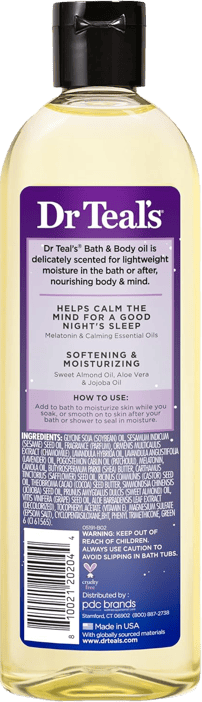Dr Teal's Sleep Blend bath oil back label with ingredients, usage instructions, and cautions