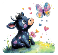 a cow baby sitting on a hill with butterflies