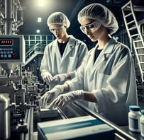 two people in lab coats and lab coats are working on a machine