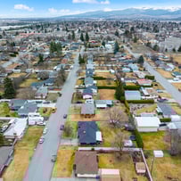 Professional photograph of an aerial view of some houses.