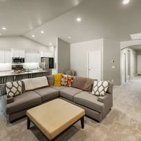 Professional photograph of a clean and open living room with a kitchen.