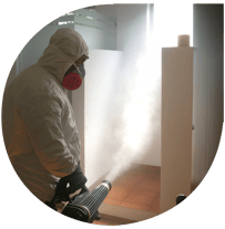 Personal de NOAM realizando fumigación profesional en oficina con equipo especializado