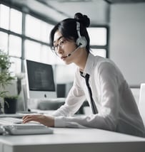 a woman in a white shirt and tie dyes a headset