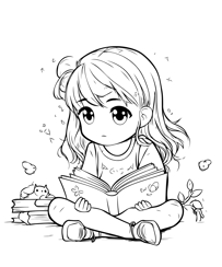 a girl reading a book while sitting on a pile of books