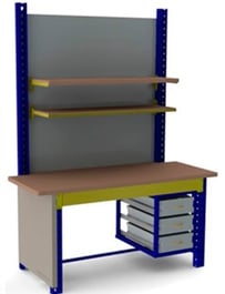 a workbend with a desk and shelves
