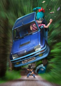 a person jumping in the air with a car