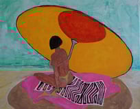 Small Painting/ Female at beach under umbrella.