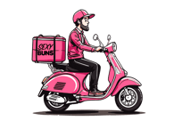 a cartoon pink delivery driver on a sexy buns branded scooter