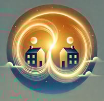 a couple of houses in a circle with a sun setting