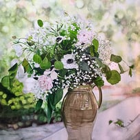 wedding bouquet, flowers, copper pitcher