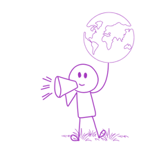 Stick figure holding a megaphone and pointing at earth in the sky.
