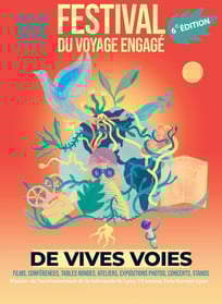 Affiche du festival du voyage engagé de vives voies illustrée par une planète d'où sortent des plantes oiseau cinema micro