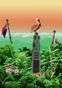 Digital artwork of lush jungle with border marker, pelican, and tiger