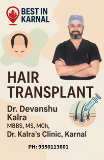A Flyer showing Details of Dr. Devanshu Kalra, Expert Hair Transplant & Cosmetic Surgeon in Karnal