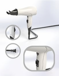 Render de secador de cabello diseñado en SolidWorks, proyecto de diseño 3D de producto.