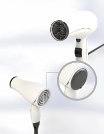 Render de secador de cabello diseñado en SolidWorks, proyecto de diseño 3D de producto.