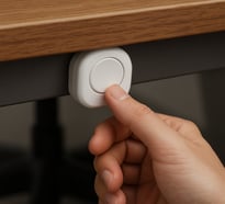 A person pressing a hidden panic button under a desk