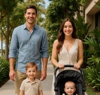 familia feliz caminando sin preocupaciones financieras por haber emprendido un negocio sin dejar su trabajo.