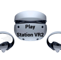 a pair of vr - style headsets with a play station