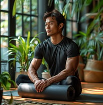 A yoga instructor centering himself before teaching his class.