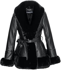 GRAN ORIENTE Women's Faux Leather Jacket with Faux Fur Collar, Winter Long Sleeve Furry Trim Peplum 