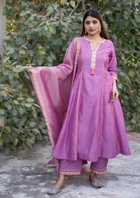 SajNaari Light Purple Chanderi A-line Kurta set with Dupattas 