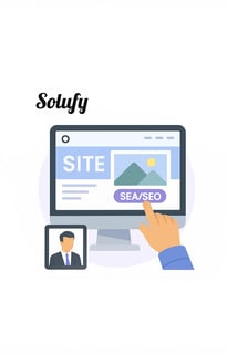 Croquis de site web avec SEO et SEA à l’écran – Solufy