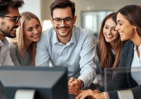 "Group of professionals smiling at a computer with text reading 'Software' and a typo below."
