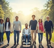 Grupo com diversas pessoas de várias idades e etnias, incluindo uma com necessidades especiais